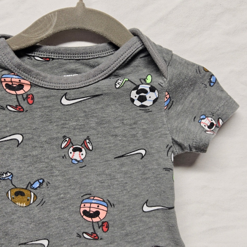 Nike Bodysuit Kids 9M Gray Sports Print Short Sleeve Swoosh Logo Athletic